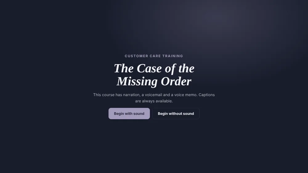 Title screen of the first draft, a dark noir course called The Case of the Missing Order